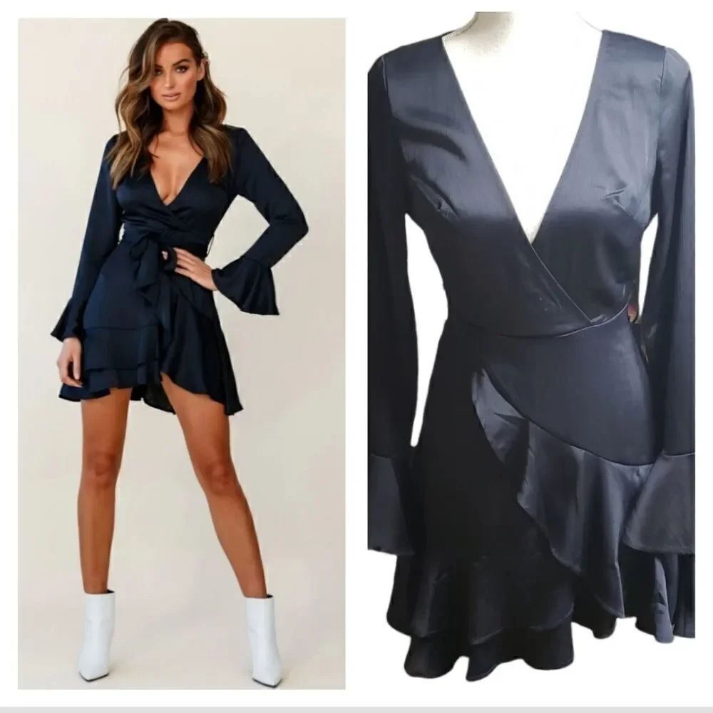 Selfie Leslie Khandi Long Sleeve Ruffle Wrap Dress XSMALL